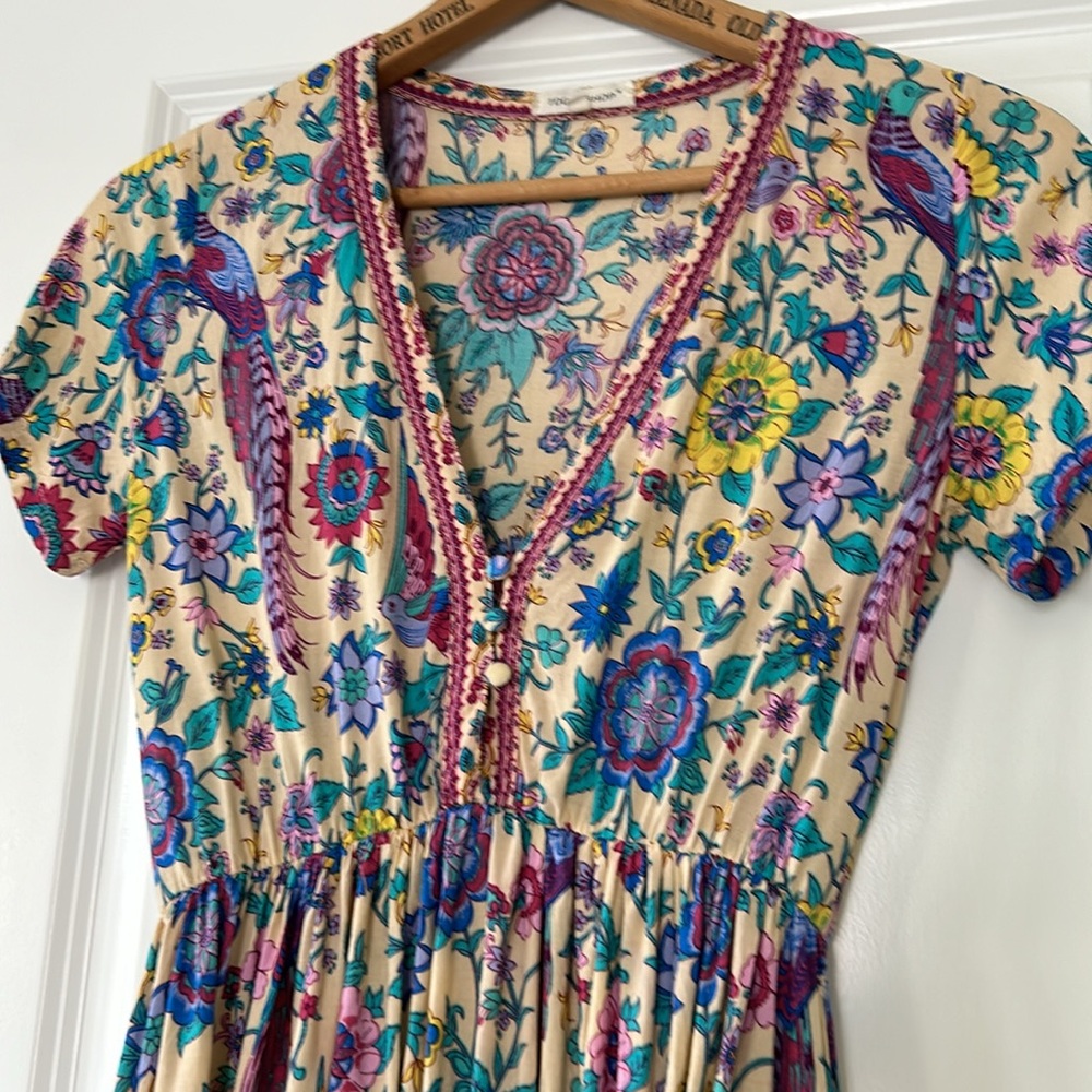 TDDPSSHDP Juniors size Colorful Boho Lovebirds & Florals Printed V-Neck Dress